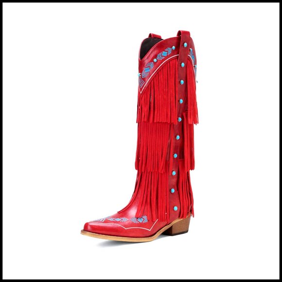 Shoes - Knee-High Cowboy Boots with Triple-Layer Fringe & Gemstones